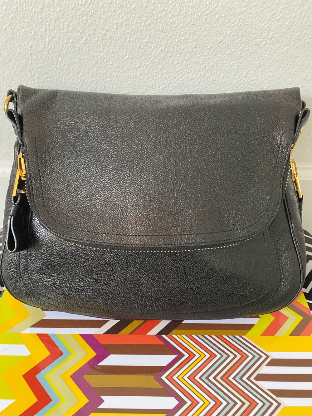 Tom Ford Large Jennifer Black Leather Shoulder Bag with Gold Hardware